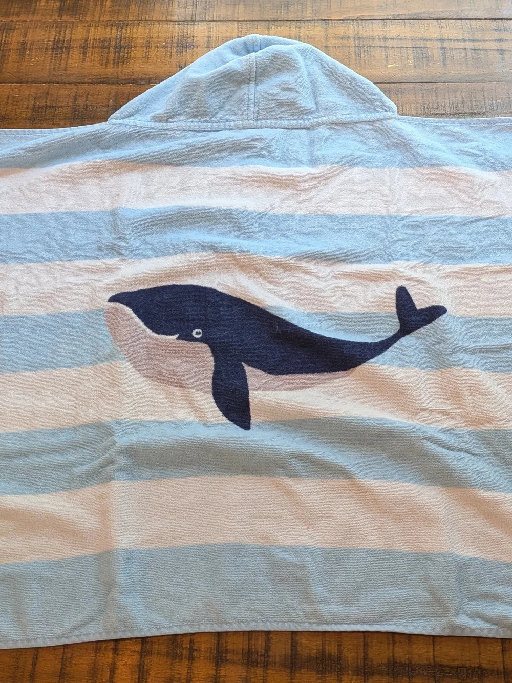 Pottery Barn Kids White & Blue Stripe Whale Cotton Hooded Towel